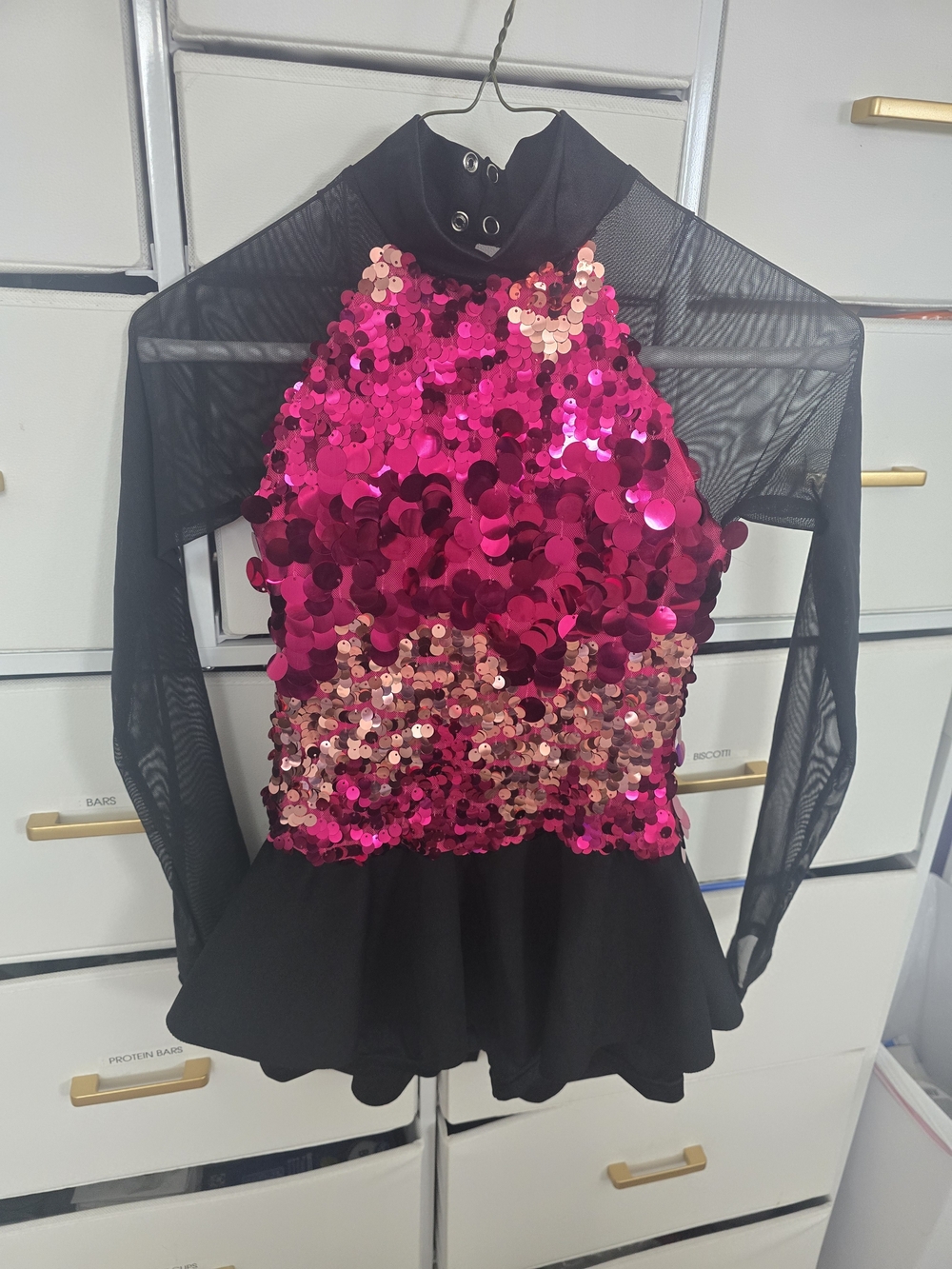 Weissman Black Dance Dress with Hot Pink and Rose Gold Sequins